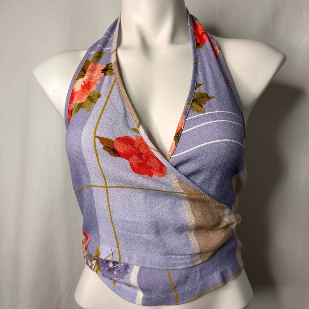Rouje Lavender Floral Halter Wrap Top with Red & Green Accents